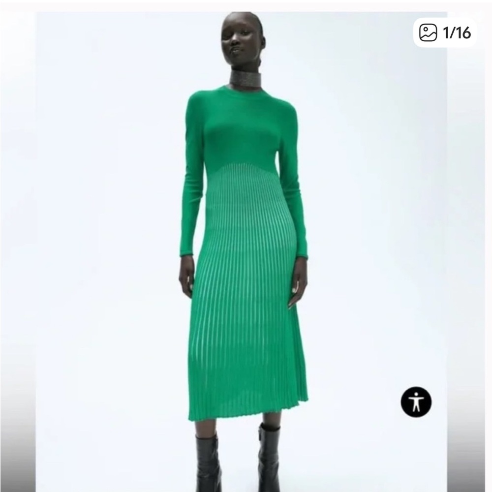 Zara Gren Long Sleeve Pleated Dress